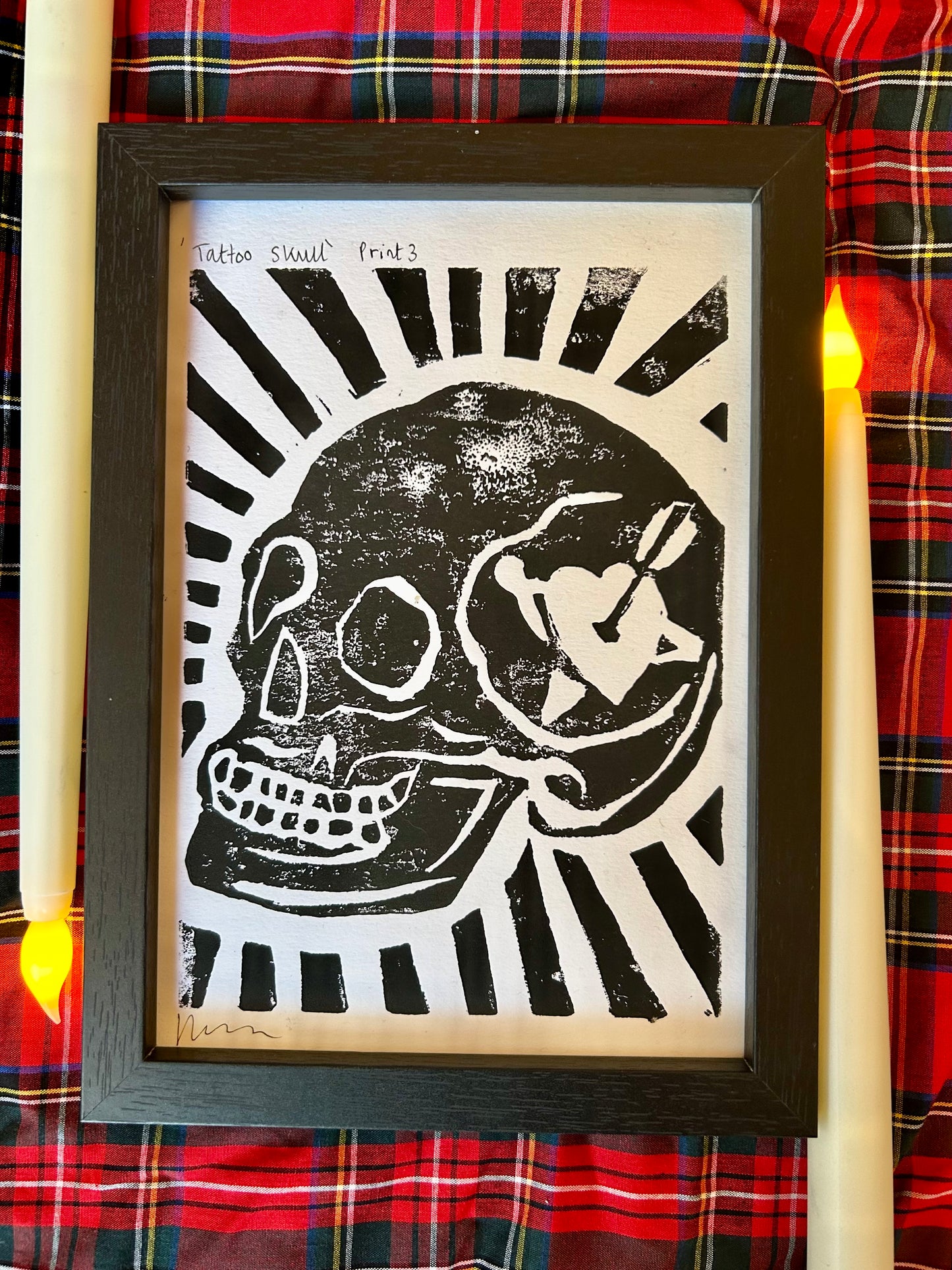 Original Lino Print |Skull with Heart Tattoo