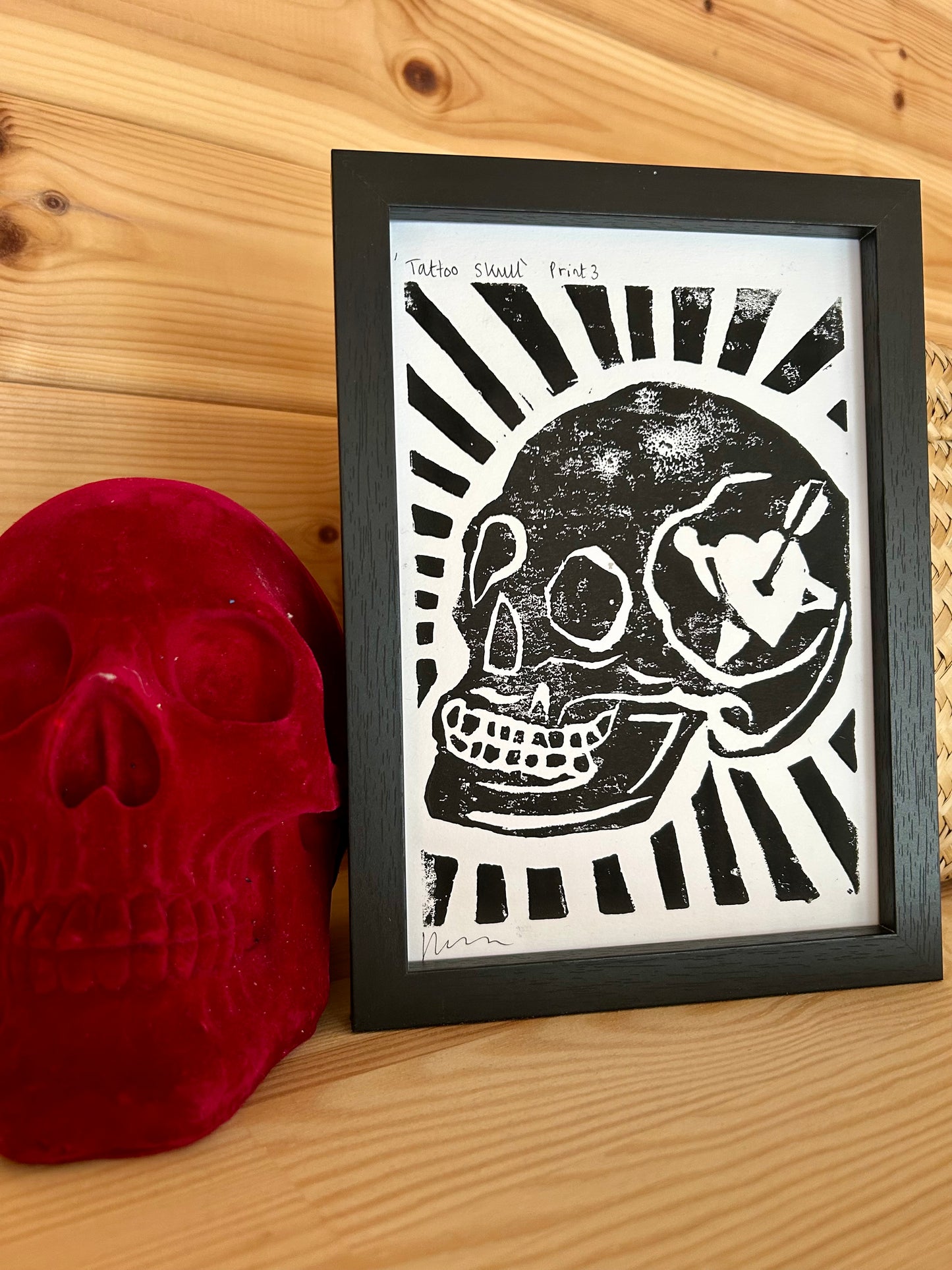 Original Lino Print |Skull with Heart Tattoo