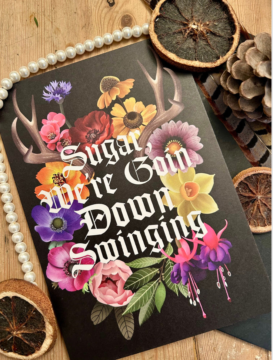 Sugar we’re going down swinging, emo, pop punk, A5 Greetings card