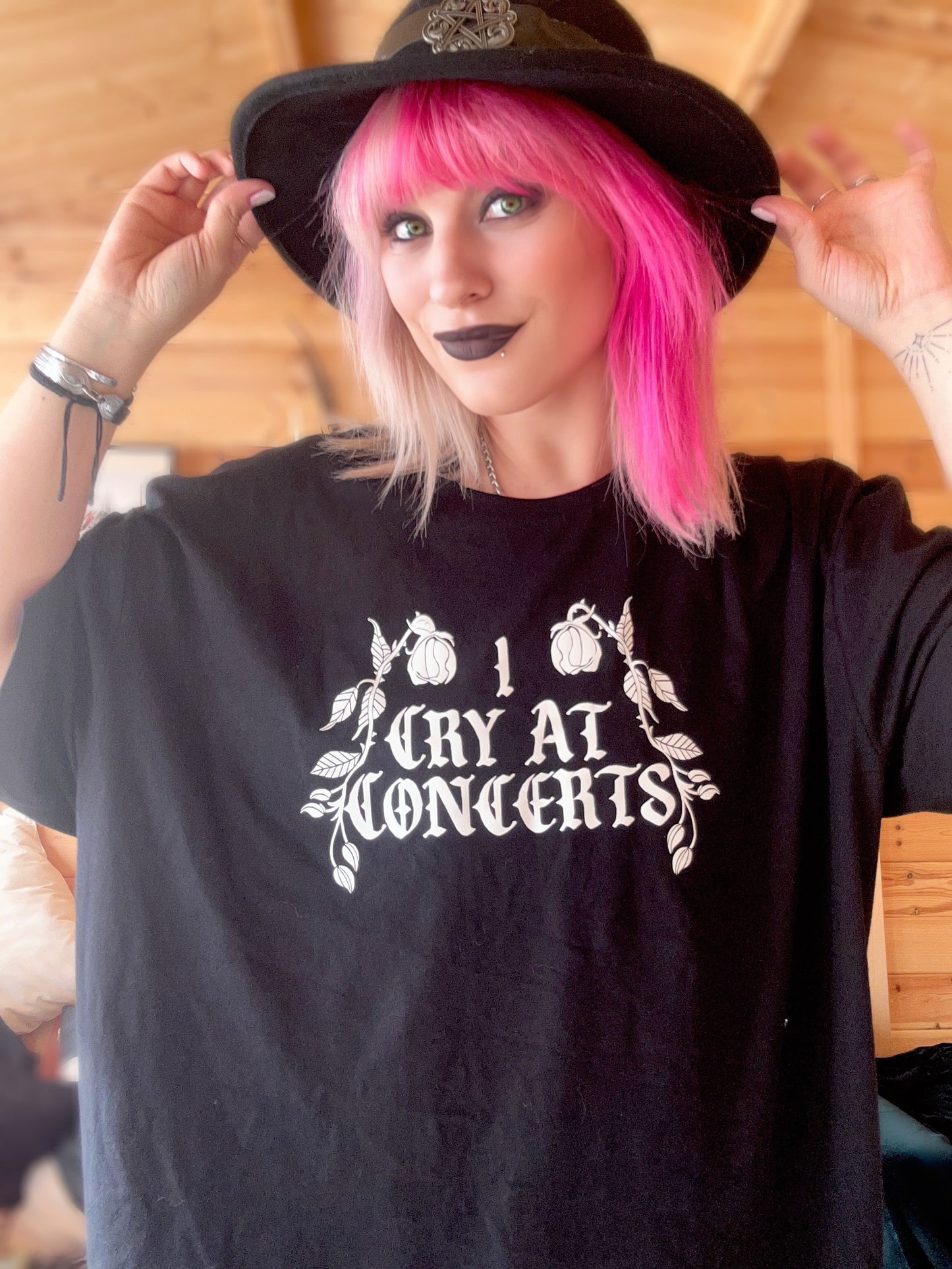 I Cry at Concerts T-Shirt | Gothic Band Tee (Black & Hot Pink)
