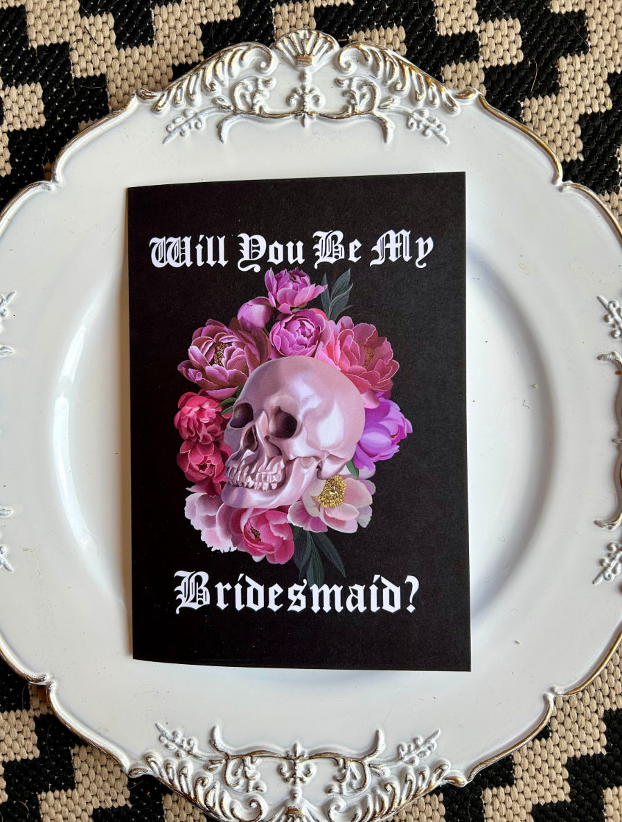 Gothic Rock n Roll Bridesmaid Proposal Card - Pearly Pink Skull and Floral Design, A5 Greetings card