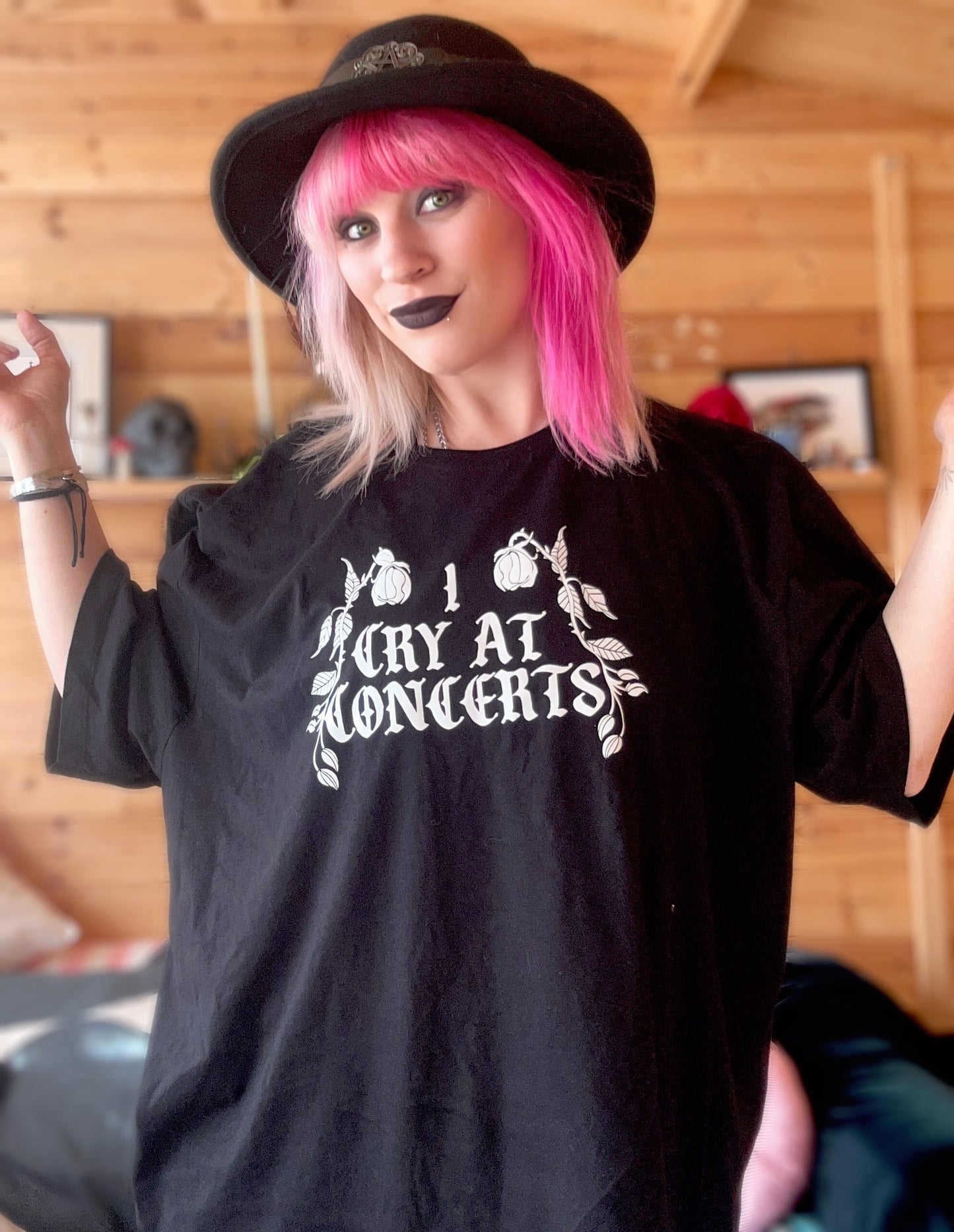 I Cry at Concerts T-Shirt | Gothic Band Tee (Black & Hot Pink)
