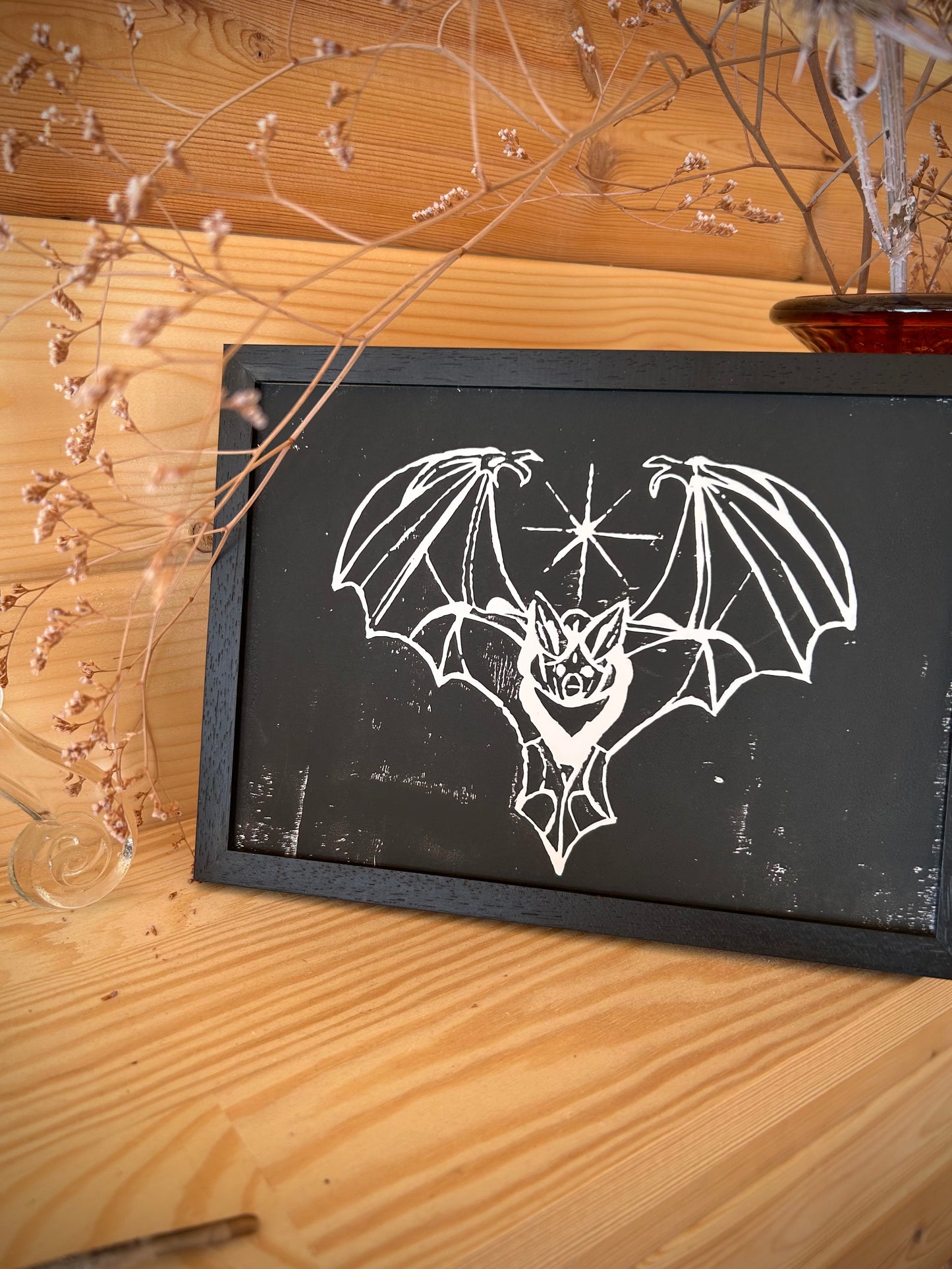 Gothic Bat A5 Lino Print – Handprinted | Framed or Unframed