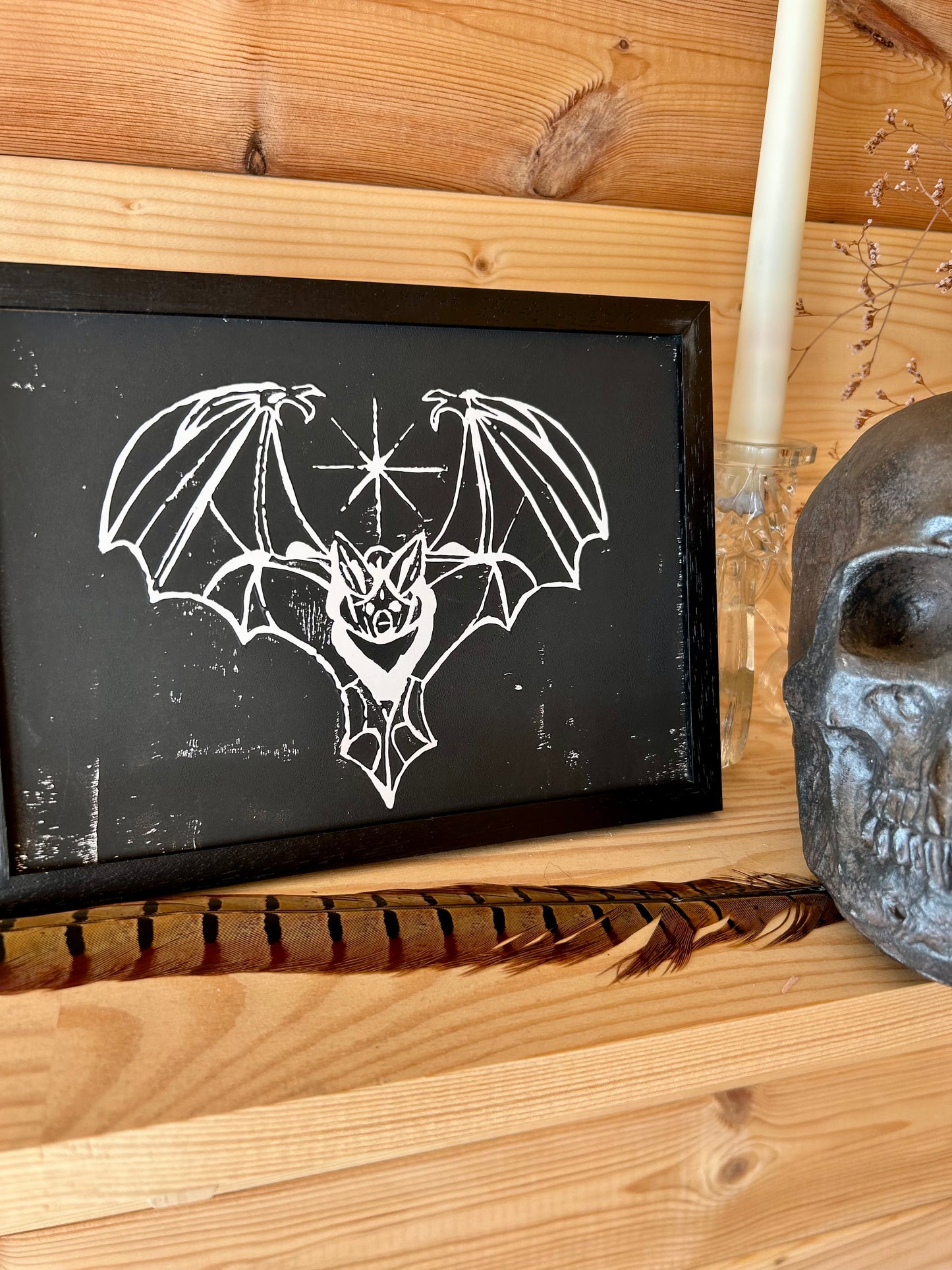 Gothic Bat A5 Lino Print – Handprinted | Framed or Unframed