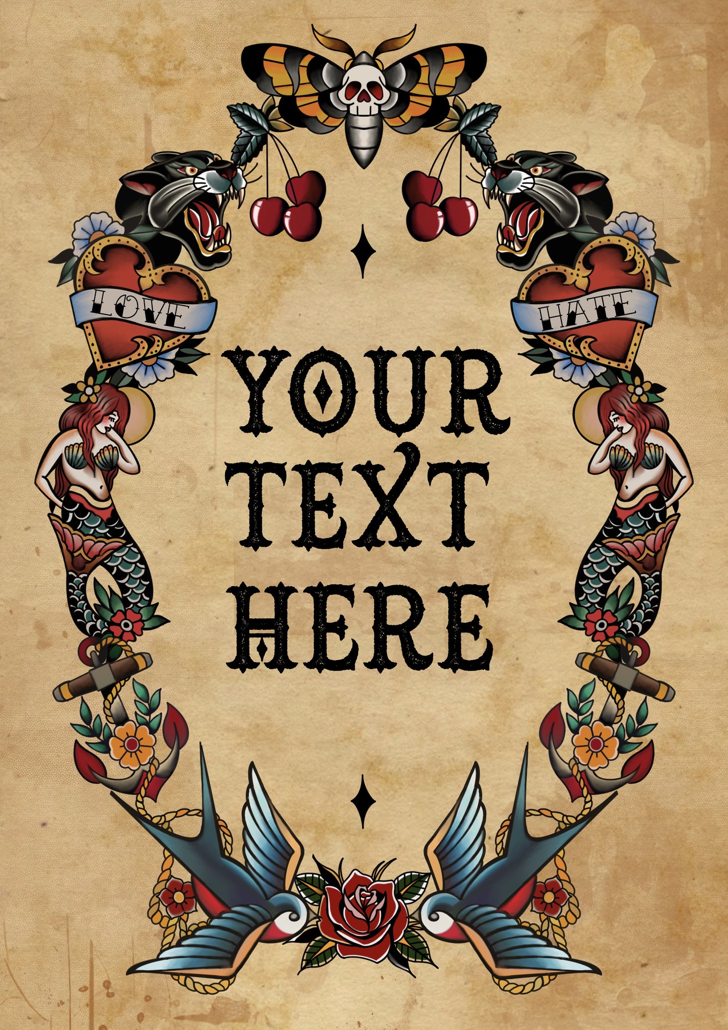 Custom Traditional Tattoo Style Print – A4 Art Print | Framed or Unframed