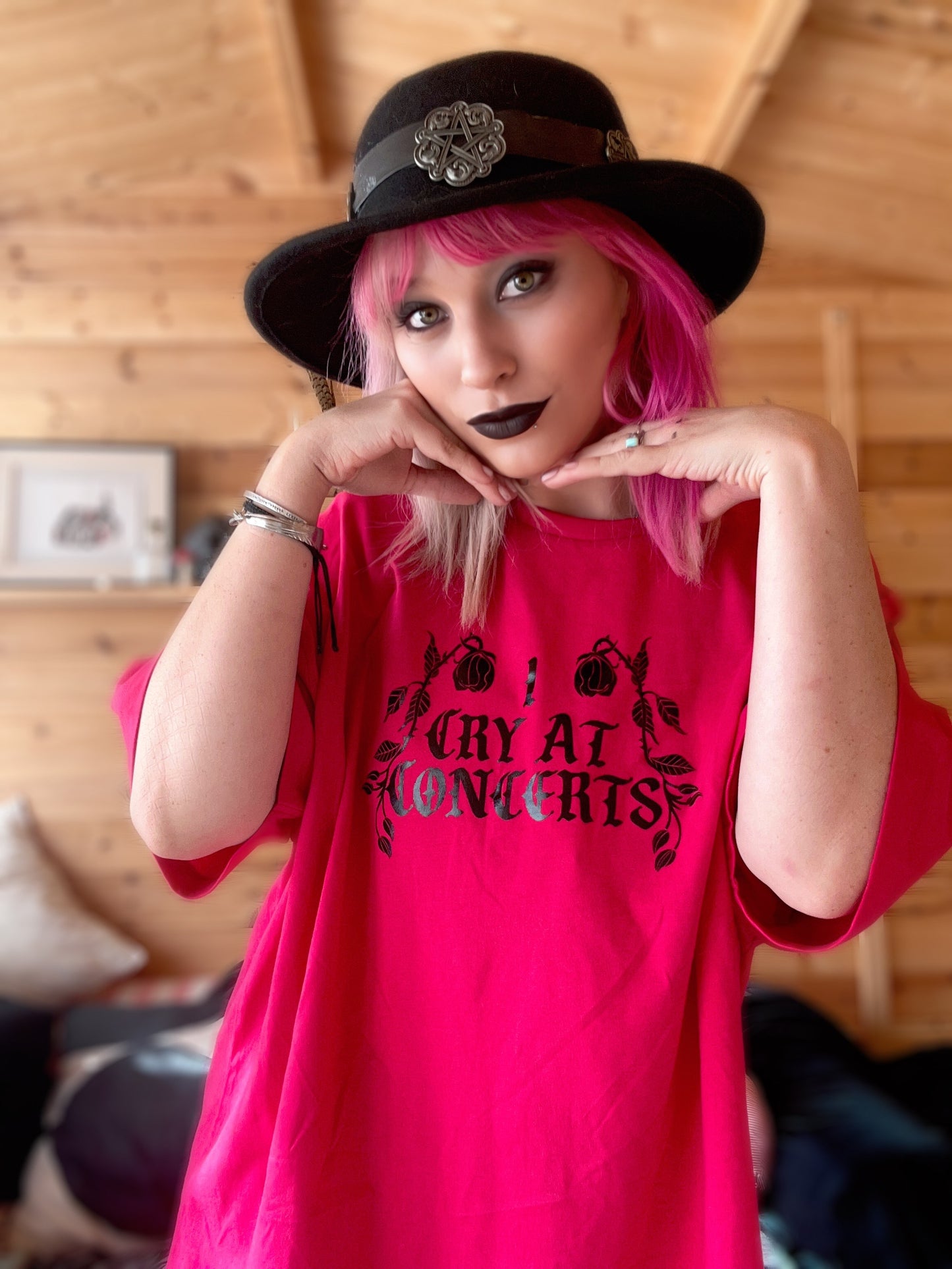 I Cry at Concerts T-Shirt | Gothic Band Tee (Black & Hot Pink)