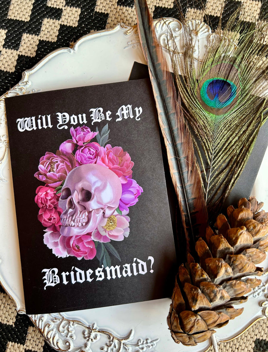 Gothic Rock n Roll Bridesmaid Proposal Card - Pearly Pink Skull and Floral Design, A5 Greetings card