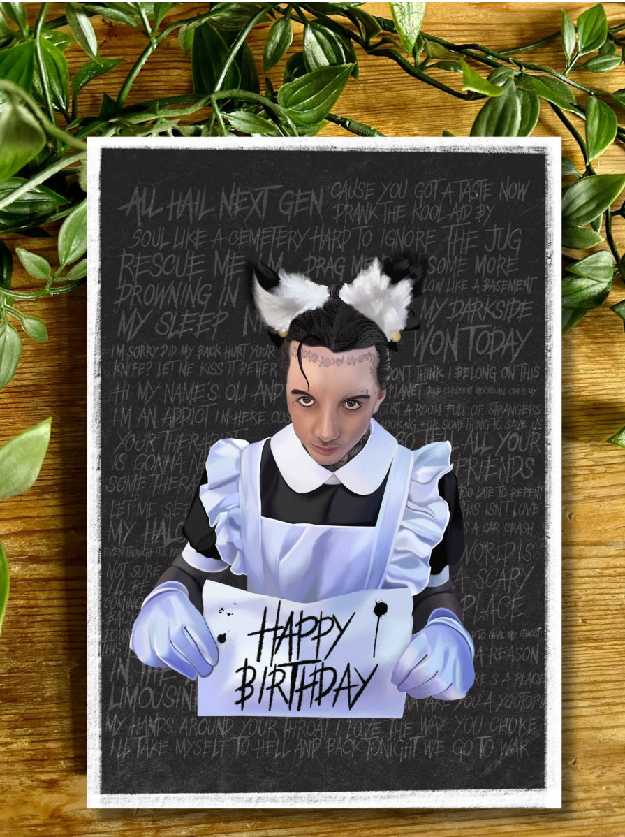 Unique Bring Me The Horizon Birthday Card - Oli Sykes as a Maid - Featuring NexGen Lyrics - A5 Size with Black Envelope