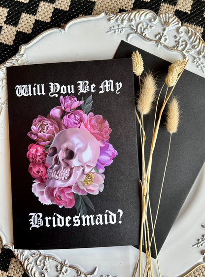 Gothic Rock n Roll Bridesmaid Proposal Card - Pearly Pink Skull and Floral Design, A5 Greetings card