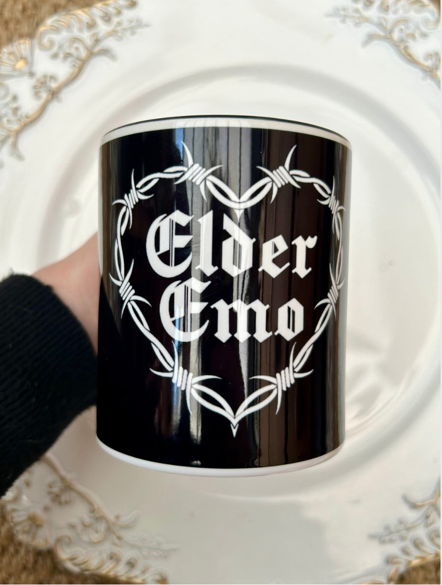 Elder Emo Mug – 330ml Black and White Barbed Wire Design