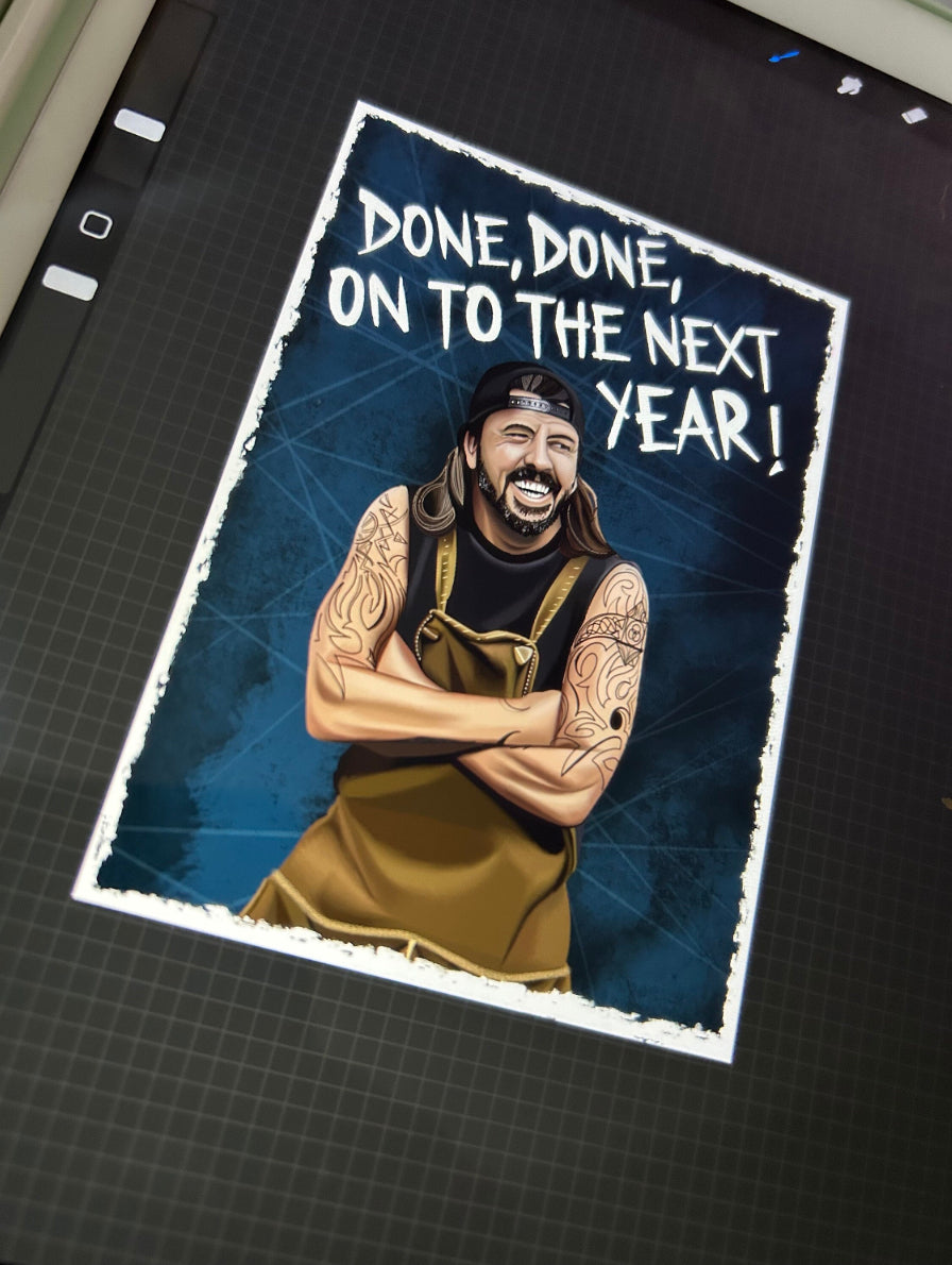 Foo Fighters Birthday Card | Dave Grohl Illustration | "Done, Done, Onto the Next Year" | A5 Premium Recycled Card | Black Envelope Included