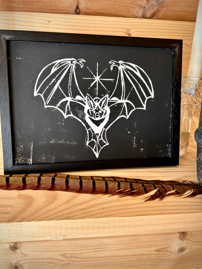 Gothic Bat A5 Lino Print – Handprinted | Framed or Unframed