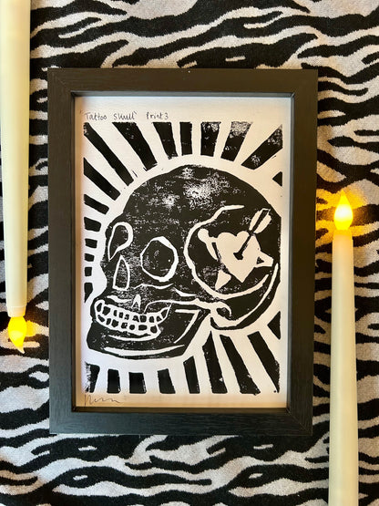 Original Lino Print |Skull with Heart Tattoo