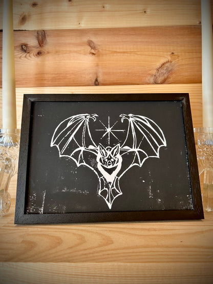 Gothic Bat A5 Lino Print – Handprinted | Framed or Unframed