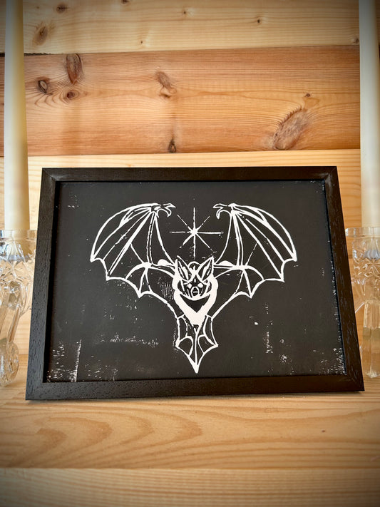 Gothic Bat A5 Lino Print – Handprinted | Framed or Unframed
