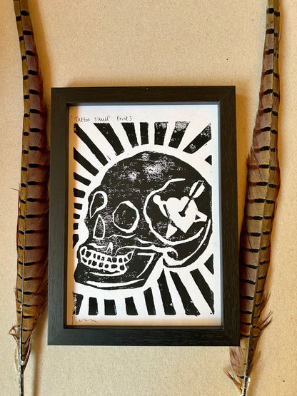 Original Lino Print |Skull with Heart Tattoo