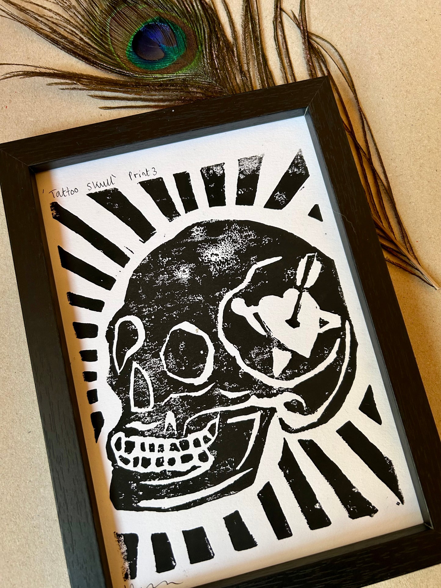 Original Lino Print |Skull with Heart Tattoo