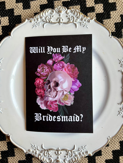 Gothic Rock n Roll Bridesmaid Proposal Card - Pearly Pink Skull and Floral Design, A5 Greetings card
