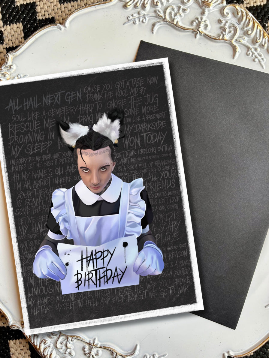 Unique Bring Me The Horizon Birthday Card - Oli Sykes as a Maid - Featuring NexGen Lyrics  - A5 Size with Black Envelope