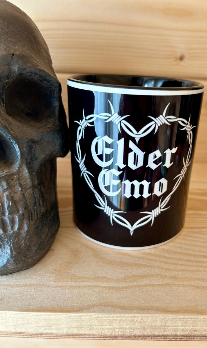 Elder Emo Mug – 330ml Black and White Barbed Wire Design
