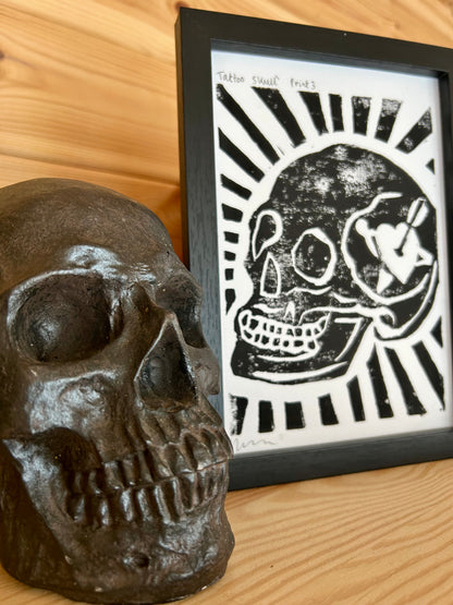 Original Lino Print |Skull with Heart Tattoo