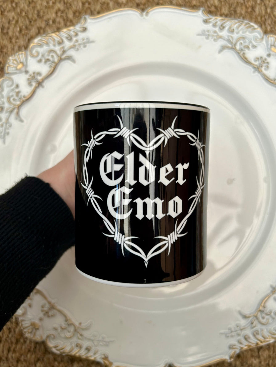 Elder Emo Mug – 330ml Black and White Barbed Wire Design