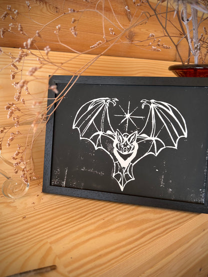 Gothic Bat A5 Lino Print – Handprinted | Framed or Unframed