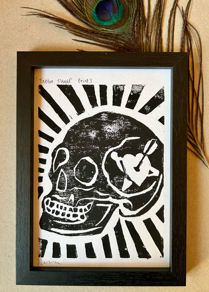 Original Lino Print |Skull with Heart Tattoo