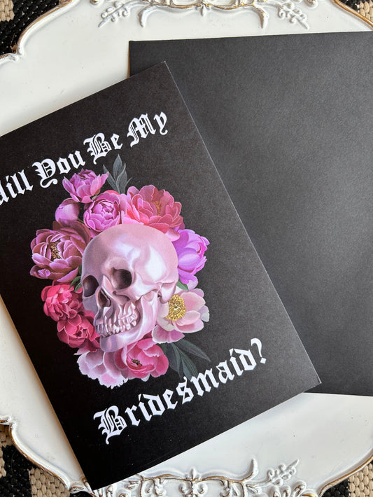 Gothic Rock n Roll Bridesmaid Proposal Card - Pearly Pink Skull and Floral Design, A5 Greetings card
