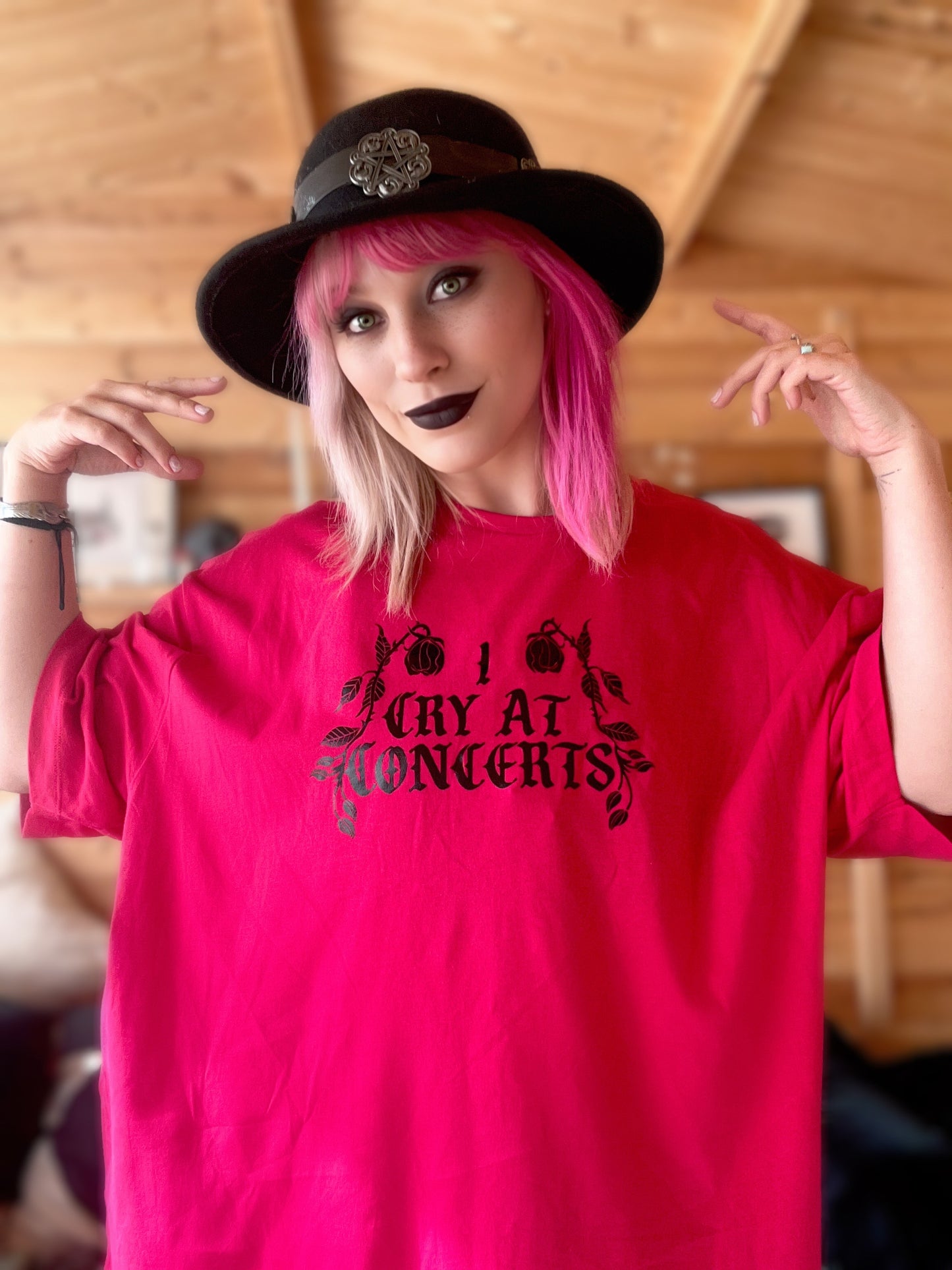 I Cry at Concerts T-Shirt | Gothic Band Tee (Black & Hot Pink)