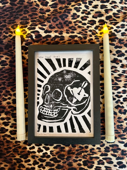 Original Lino Print |Skull with Heart Tattoo