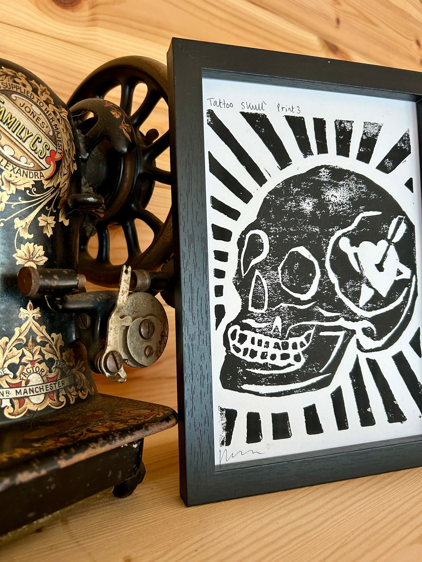 Original Lino Print |Skull with Heart Tattoo