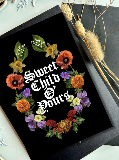 Sweet Child O’ Yours Greeting Card – Floral Gothic Design | Baby Shower & New Baby Congratulations