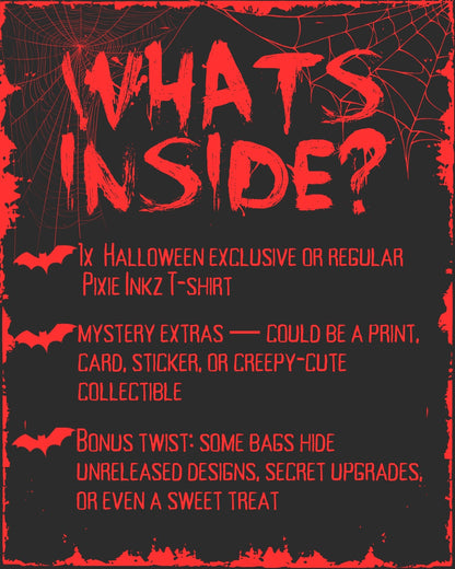 Trick or Treat Mystery Bag | Gothic Alternative Halloween T-Shirt & Spooky Extras | Pixie Inkz
