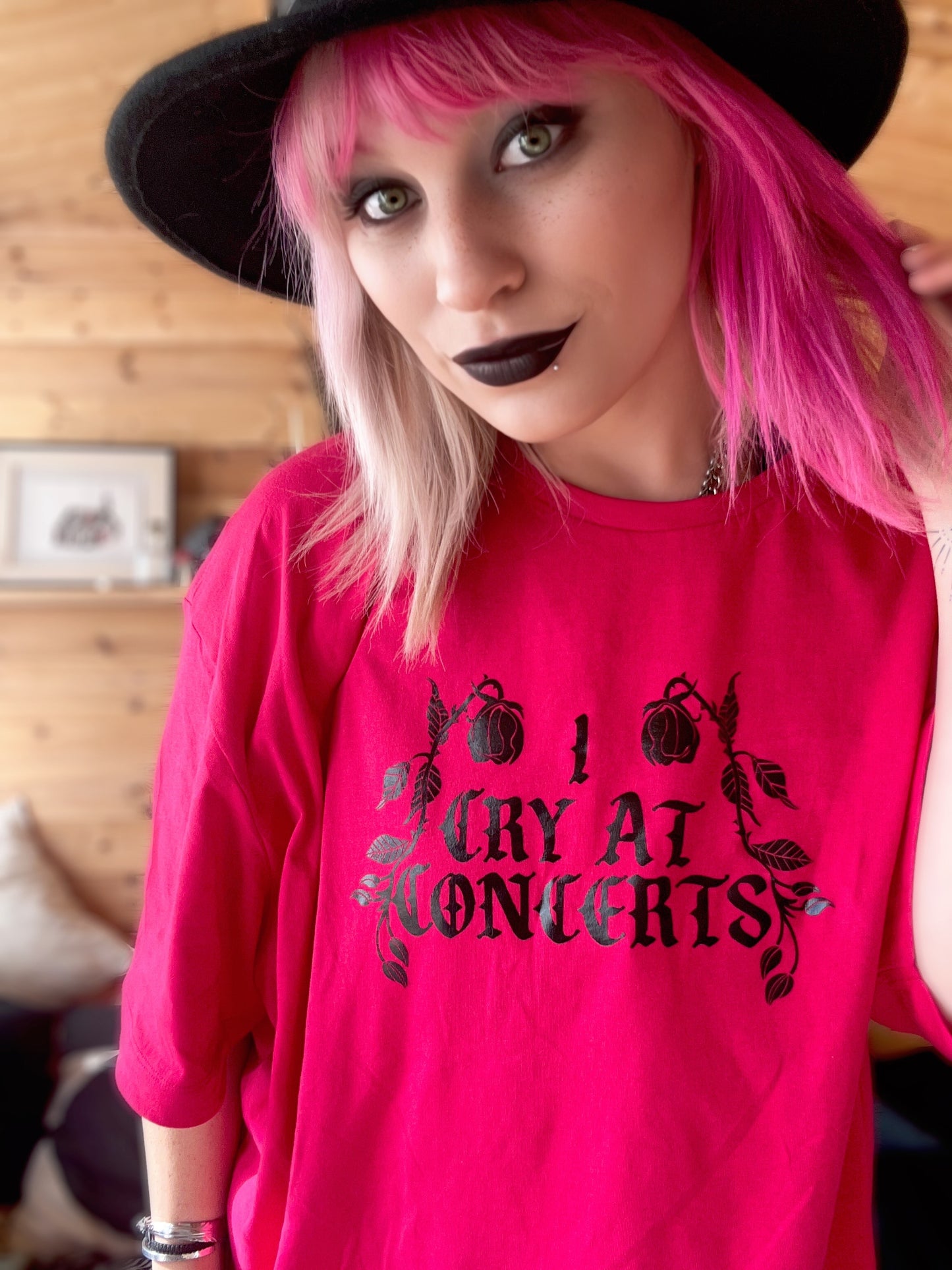I Cry at Concerts T-Shirt | Gothic Band Tee (Black & Hot Pink)